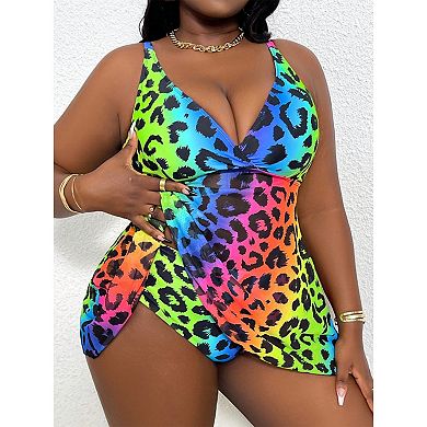 Women’s Ombre Leopard Print Tankini Swimsuit with Flowy Skirted Top