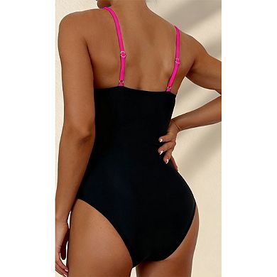 Women’s Colorblock One-Piece Swimsuit with Bow Detail & Adjustable Straps