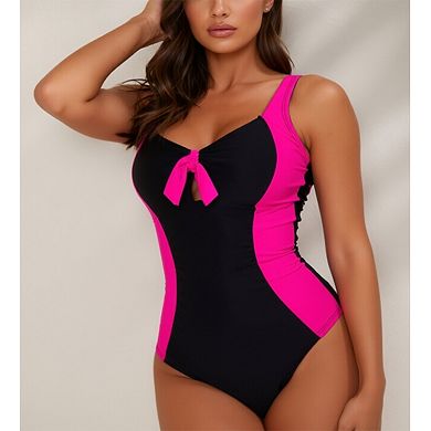 Women’s Colorblock One-Piece Swimsuit with Bow Detail & Adjustable Straps