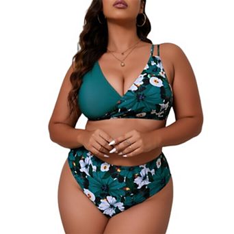 Floral Print Wrap V Neck Two Piece Swimsuit with High Waist Bottom
