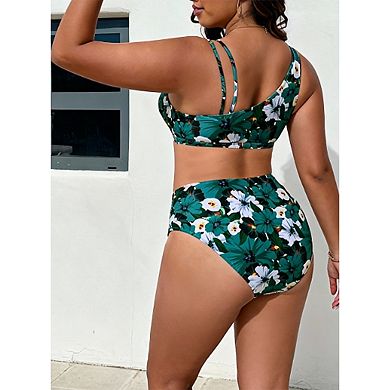 Floral Print Wrap V Neck Two Piece Swimsuit with High Waist Bottom