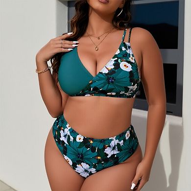 Floral Print Wrap V Neck Two Piece Swimsuit with High Waist Bottom