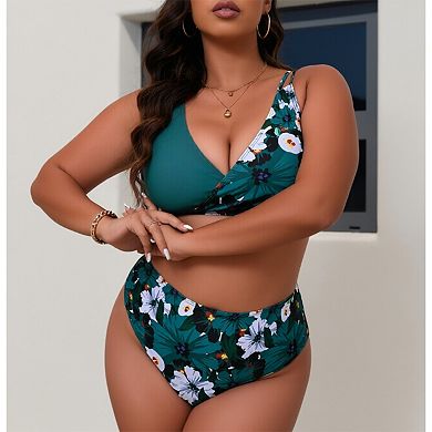 Floral Print Wrap V Neck Two Piece Swimsuit with High Waist Bottom