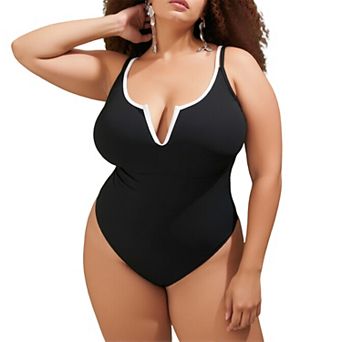 Women's Contrast Trim One‑Piece Swimsuit - Notch Neck Adjustable Strap Back Cutout Swimwear