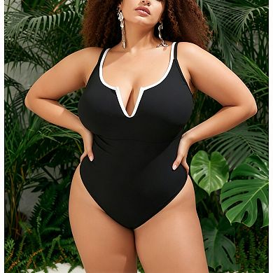 Women's Contrast Trim One‑Piece Swimsuit - Notch Neck Adjustable Strap Back Cutout Swimwear