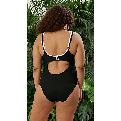 Women's Contrast Trim One‑Piece Swimsuit - Notch Neck Adjustable Strap Back Cutout Swimwear