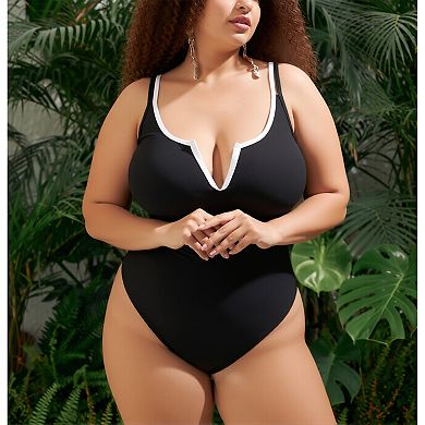 Women's Contrast Trim One‑Piece Swimsuit - Notch Neck Adjustable Strap Back Cutout Swimwear