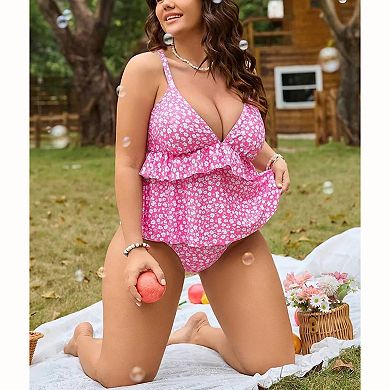 Women's Ditsy Floral Tankini Set - V Neck Ruffled Peplum Top with High Cut Bottom