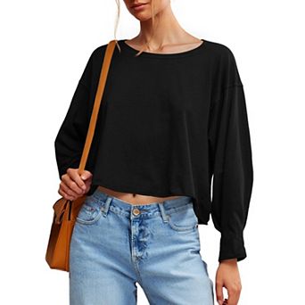 Women's Long Sleeve Crop T-Shirt Casual Loose Fit Boat Neck Off Shoulder Tops