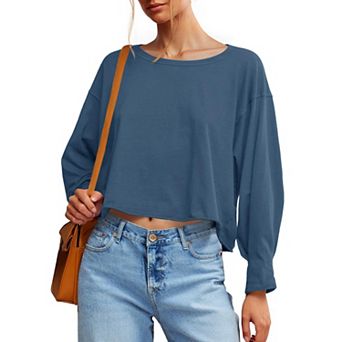 Women's Long Sleeve Crop T-Shirt Casual Loose Fit Boat Neck Off Shoulder Tops