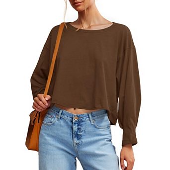 Women's Long Sleeve Crop T-Shirt Casual Loose Fit Boat Neck Off Shoulder Tops