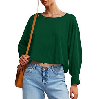 Women's Long Sleeve Crop T-Shirt Casual Loose Fit Boat Neck Off Shoulder Tops