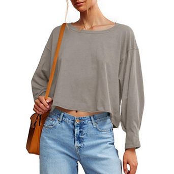 Women's Long Sleeve Crop T-Shirt Casual Loose Fit Boat Neck Off Shoulder Tops