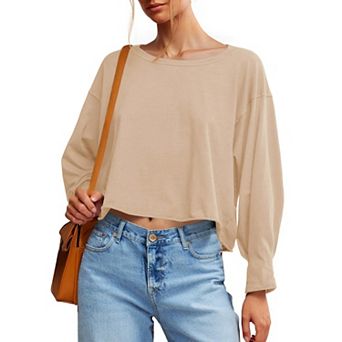 Women's Long Sleeve Crop T-Shirt Casual Loose Fit Boat Neck Off Shoulder Tops