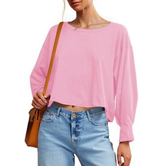 Women's Long Sleeve Crop T-Shirt Casual Loose Fit Boat Neck Off Shoulder Tops