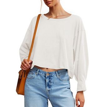 Women's Long Sleeve Crop T-Shirt Casual Loose Fit Boat Neck Off Shoulder Tops