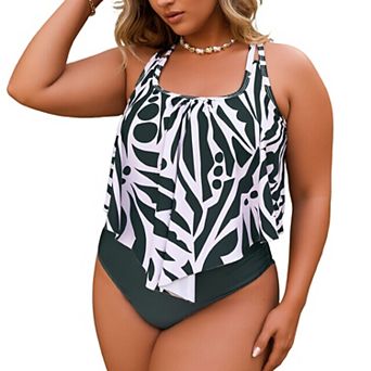 Plus Size Women's 2 pc Swimsuit, Flowy Abstract Print Flyaway Tankini Style Bathing Suit