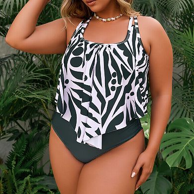 Plus Size Women's 2 Piece Swimsuit, Flowy Abstract Print Flyaway Tankini Style Bathing Suit