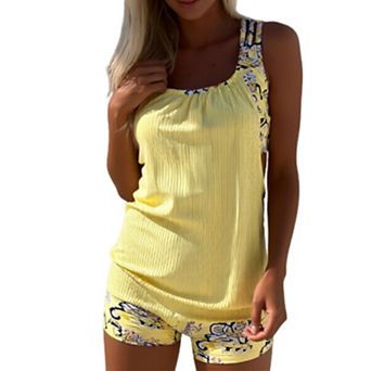 Women's 2 pc Tankini Swimsuit, Ribbed Racerback Top with Printed Boyshort Bottoms Modest