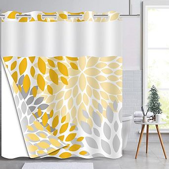 No Hook Floral Shower Curtain with Removable Liner, Hotel Style Dahlia Design