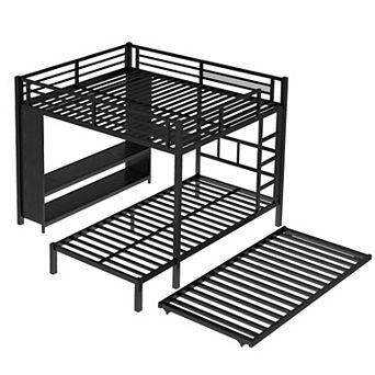 Lufeiya Twin/Full/Queen Metal Bunk Bed with Twin Trundle, Built-in Wardrobe and Folding Desk