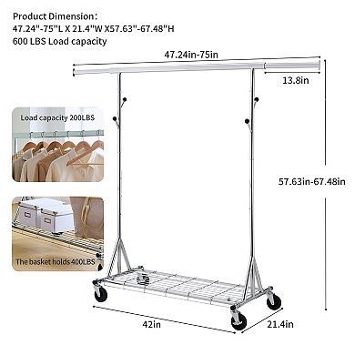 Heavy-duty steel clothes rack, Wheeled & shelved, with holds 600 lbs, adjustable garment storage