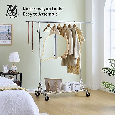 Heavy-duty steel clothes rack, Wheeled & shelved, with holds 600 lbs, adjustable garment storage