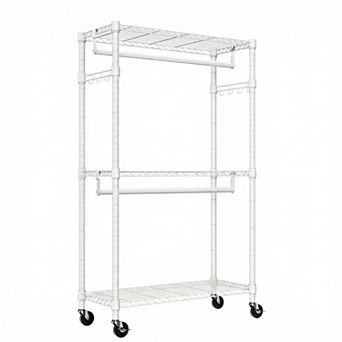 Rolling Garment Rack, 3 tier Adjustable Wire Shelving Clothes Rack, with 2 Rods and Side Hooks