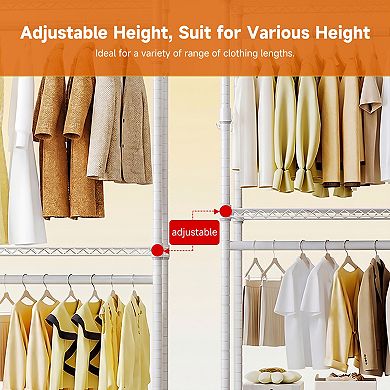 Rolling Garment Rack, 3 Tiers Adjustable Wire Shelving Clothes Rack, with 2 Rods and Side Hooks