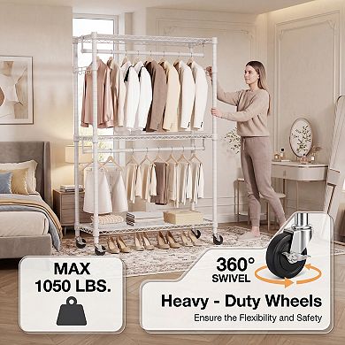 Rolling Garment Rack, 3 Tiers Adjustable Wire Shelving Clothes Rack, with 2 Rods and Side Hooks