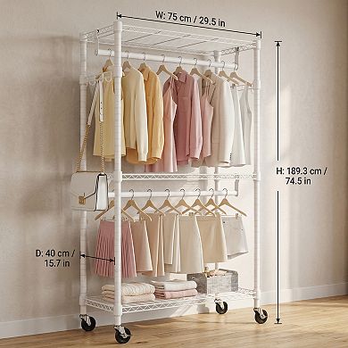Rolling Garment Rack, 3 Tiers Adjustable Wire Shelving Clothes Rack, with 2 Rods and Side Hooks