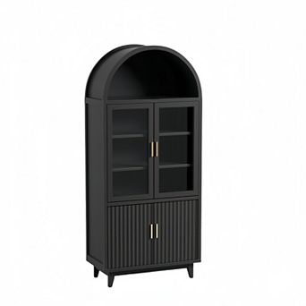 71" Tall Fluted Arched Cabinet with Glass Doors, Pantry Cabinet with Adjustable Shelves, Black
