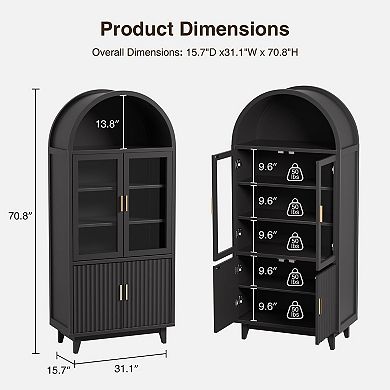 Vabches Arched Display Storage Cabinet with Adjustable Shelves, 70.8" Tall Pantry Cabinet, Black