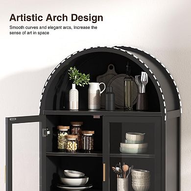 Vabches Arched Display Storage Cabinet with Adjustable Shelves, 70.8" Tall Pantry Cabinet, Black