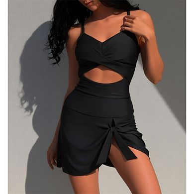 Tummy Control Cutout One-Piece Swim Dress with Knot Front