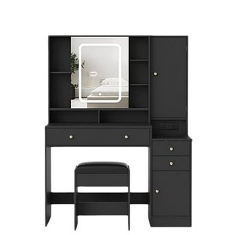 Makeup Vanity Desk with Mirror and Lights,Vanity Table with Charging Station & Stool for Bedroom