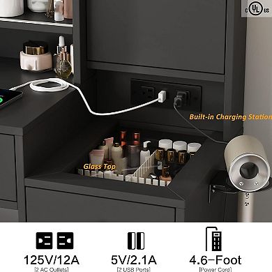 Vabches Makeup Vanity Desk with LED Mirror, Charging Station, Jewelry Storage & 3 Drawers