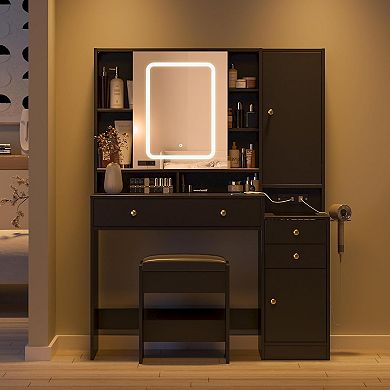 Vabches Makeup Vanity Desk with LED Mirror, Charging Station, Jewelry Storage & 3 Drawers