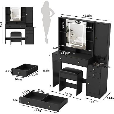 Vabches Makeup Vanity Desk with LED Mirror, Charging Station, Jewelry Storage & 3 Drawers