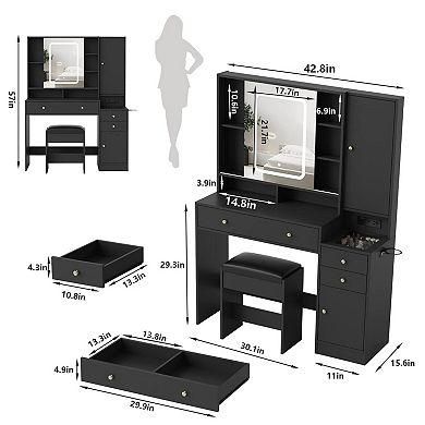 Makeup Vanity Desk with Mirror and Lights,Vanity Table with Charging Station & Stool for Bedroom