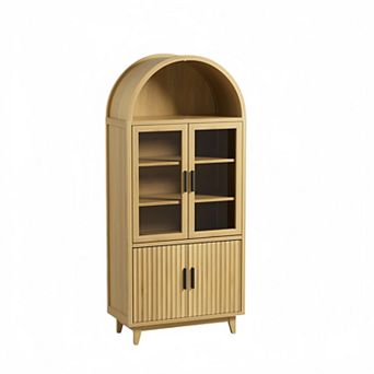 71" Tall Fluted Arched Cabinet with Glass Doors, Pantry Cabinet with Adjustable Shelves