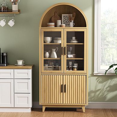 Vabches Arched Display Storage Cabinet with Adjustable Shelves, 70.8" Tall Pantry Cabinet, Natural