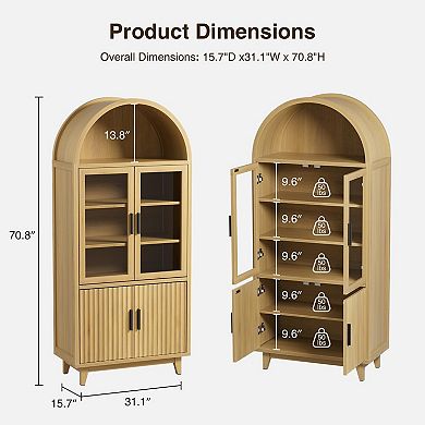 Vabches Arched Display Storage Cabinet with Adjustable Shelves, 70.8" Tall Pantry Cabinet, Natural