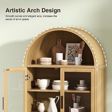 Vabches Arched Display Storage Cabinet with Adjustable Shelves, 70.8" Tall Pantry Cabinet, Natural