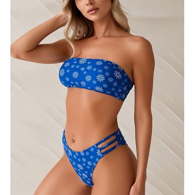Printed Bandeau Top with Side Cutout Bikini Bottom Two Piece Swimsuit
