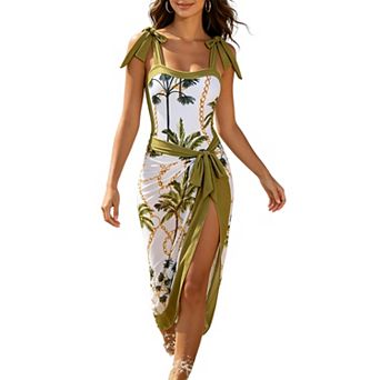 Tropical Print Tie-Strap One-Piece Swimsuit with Wrap Skirt Cover-Up Set