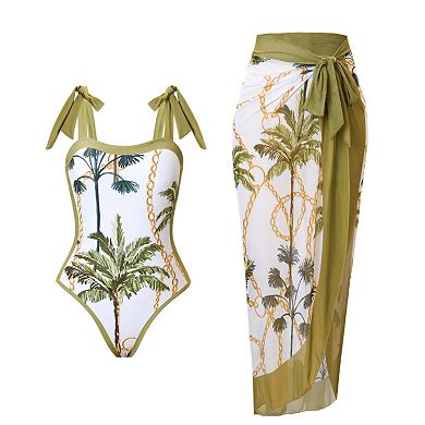 Tropical Print Tie-Strap One-Piece Swimsuit with Wrap Skirt Cover-Up Set