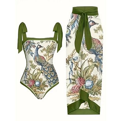 Floral Print Tie-Strap One-Piece Swimsuit with Matching Sarong Skirt Set