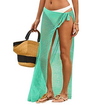 Women's Crochet Mesh Beach Sarong Skirt - Tie‑Side High Slit Sheer Cover‑Up Maxi Skirt