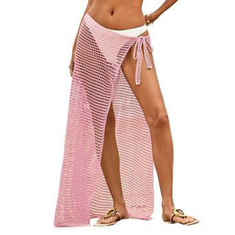 Women's Crochet Mesh Beach Sarong Skirt - Tie‑Side High Slit Sheer Cover‑Up Maxi Skirt